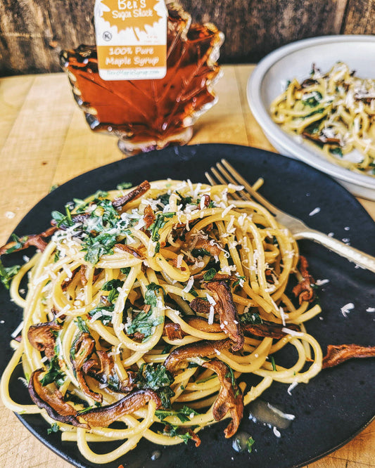 Maple Buttered Pasta w/ Crispy Greens & Mushrooms Recipe