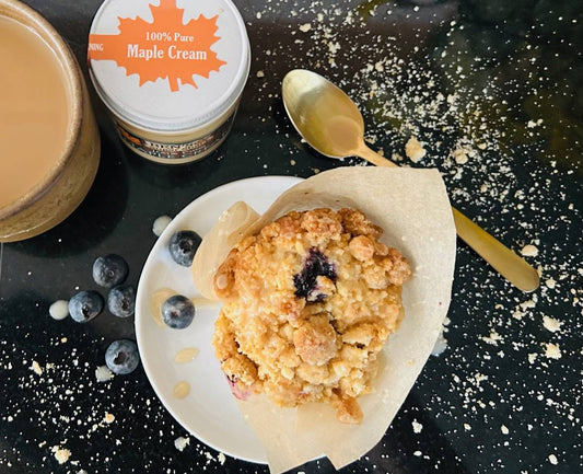 Maple Crumb Blueberry Muffins w/ Maple Cream Drizzle