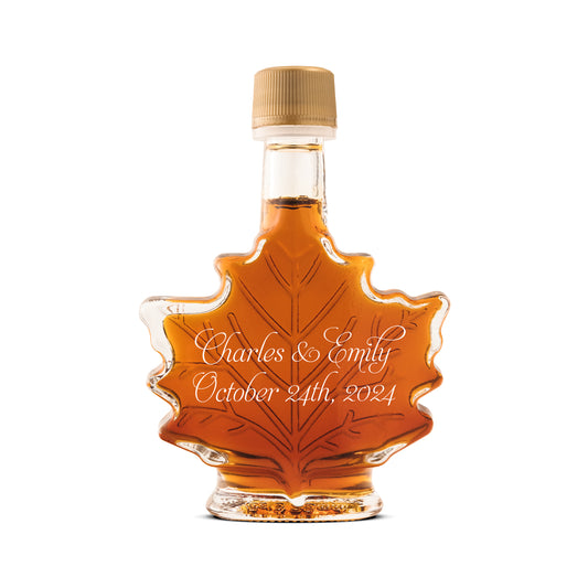 Pure Maple Syrup Favors - Glass Leaf Bottle - 1.7 oz - CUSTOM PRINT GLASS