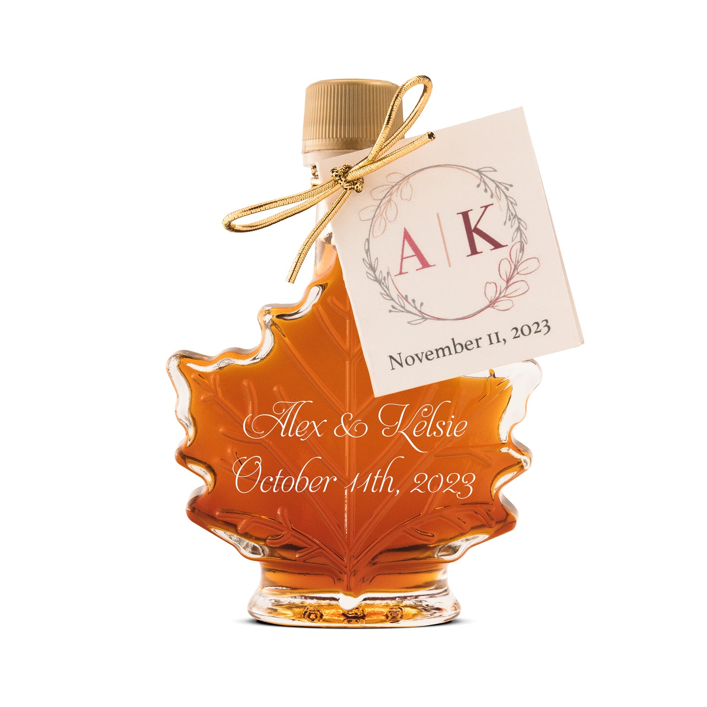 Pure Maple Syrup Favors - Glass Leaf Bottle - 1.7 oz - CUSTOM PRINT LABEL