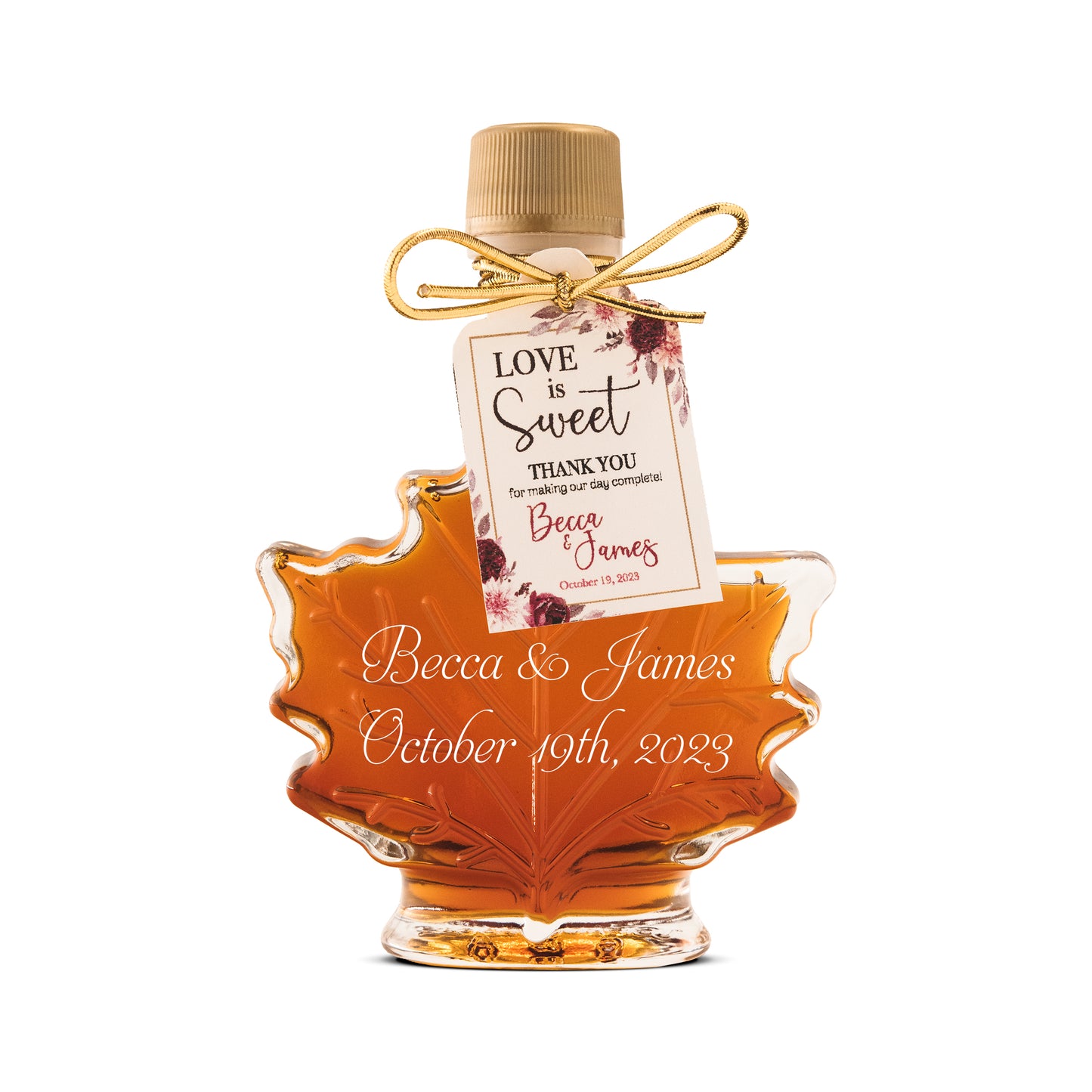 Pure Maple Syrup Favors - Glass Leaf Bottle - 1.7 oz - CUSTOM PRINT LABEL