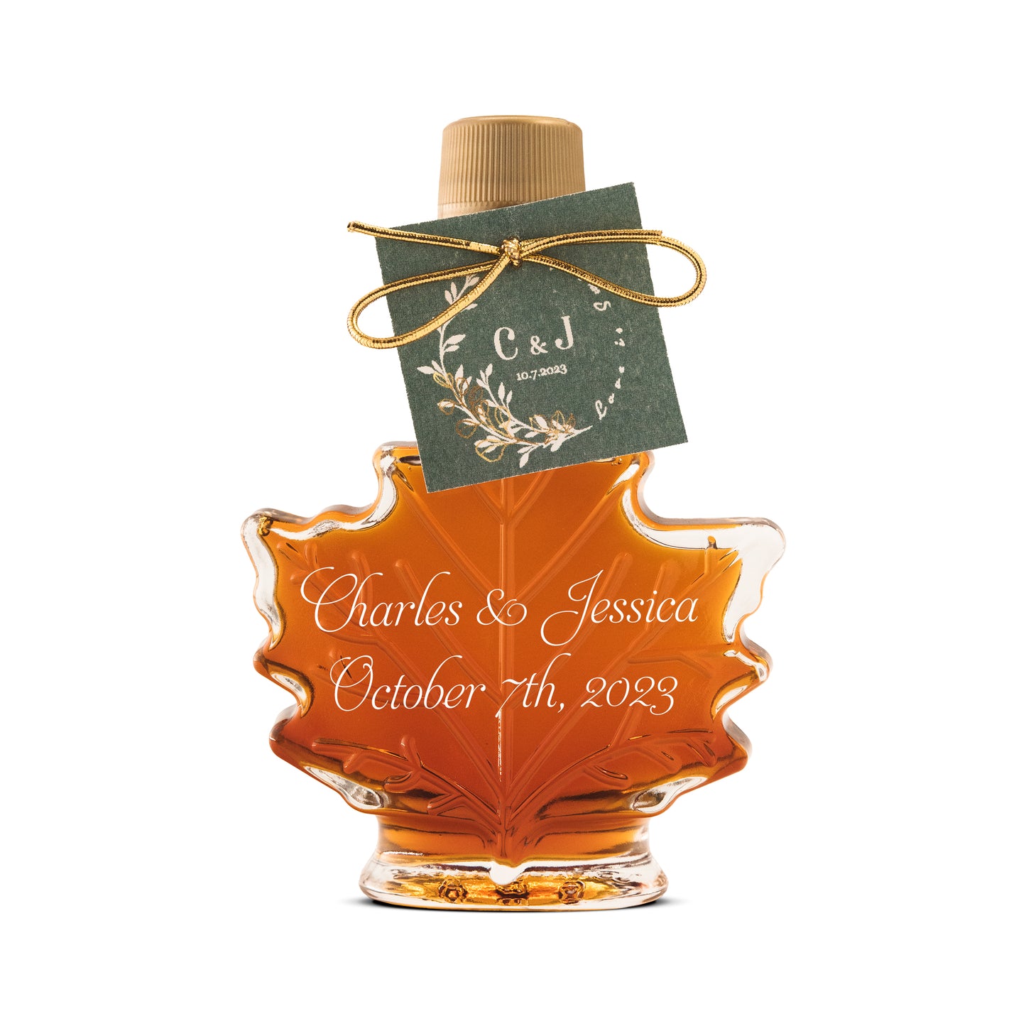 Pure Maple Syrup Favors - Glass Leaf Bottle - 1.7 oz - CUSTOM PRINT LABEL