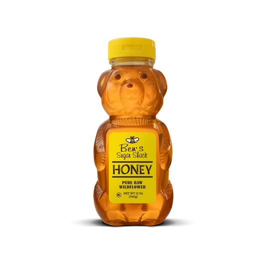 A 12 oz. container of Ben's Sugar Shack's wildflower honey in a plastic bottle shaped like a bear.