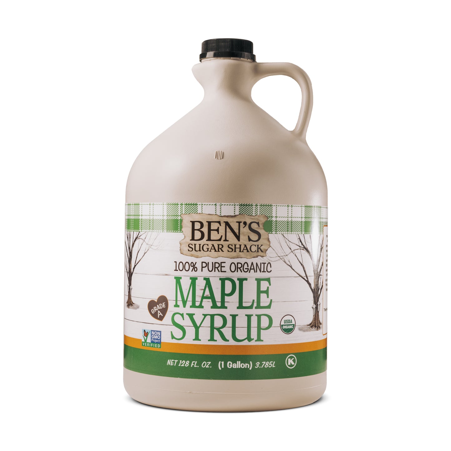 A 1 pint plastic jug of 100% pure organic maple syrup from Ben's Sugar Shack.