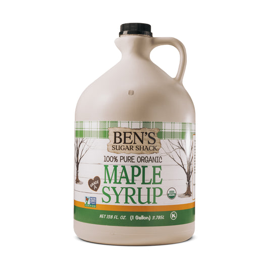 A 1 pint plastic jug of 100% pure organic maple syrup from Ben's Sugar Shack.