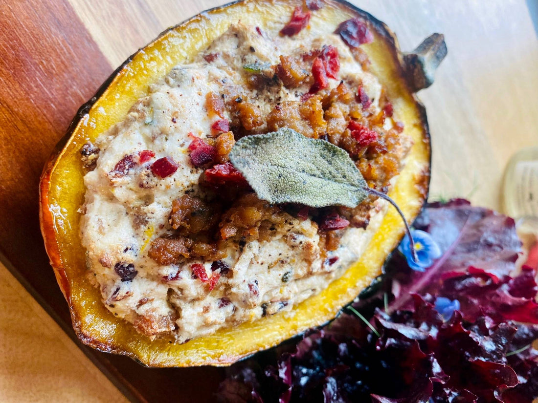 Cranberry + Maple Sausage Stuffed Acorn Squash Recipe