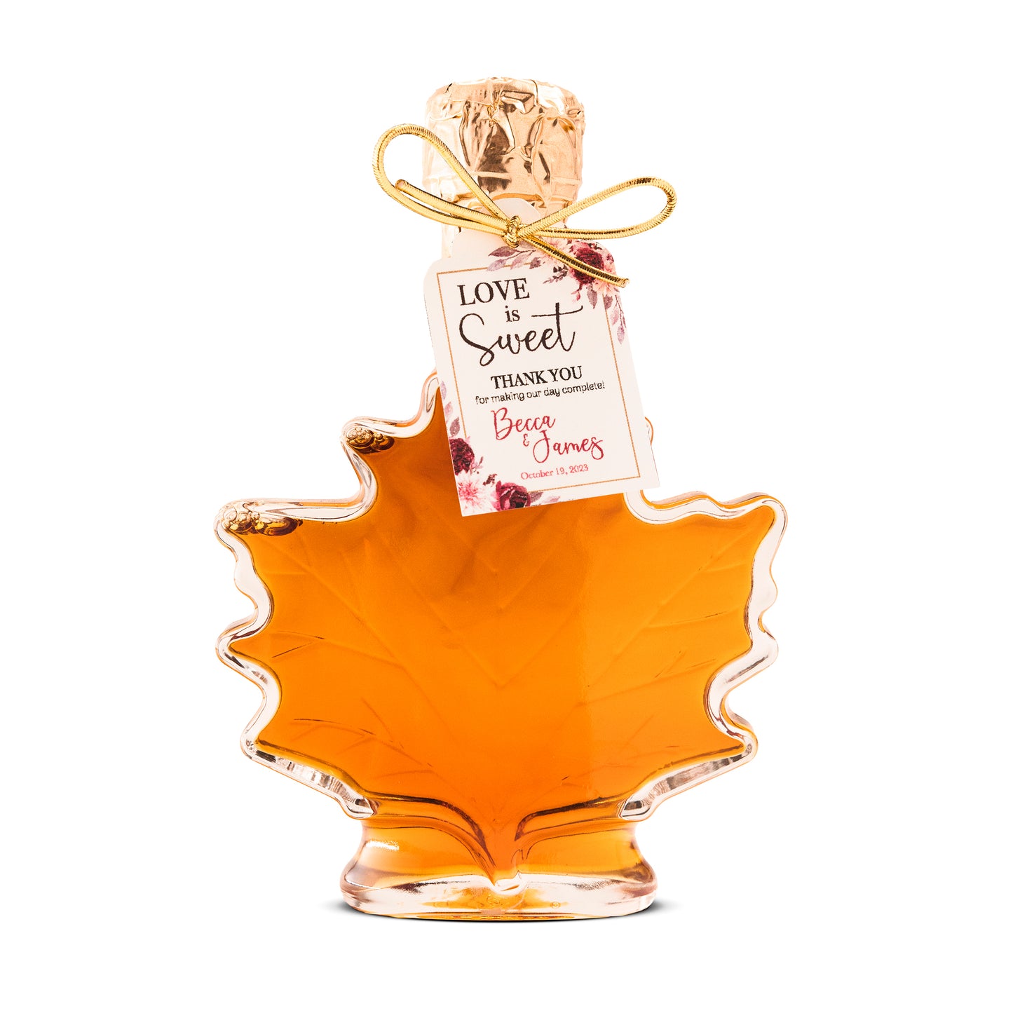 Pure Maple Syrup Favors - Glass Leaf Bottle - 3.4 oz - CUSTOM TAG