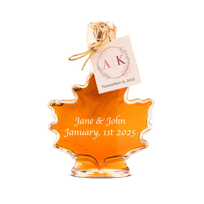 Pure Maple Syrup Favors - Glass Leaf Bottle - 3.4 oz - CUSTOM PRINT GLASS
