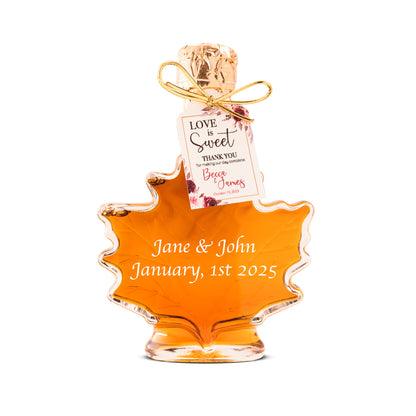 Pure Maple Syrup Favors - Glass Leaf Bottle - 3.4 oz - CUSTOM PRINT GLASS
