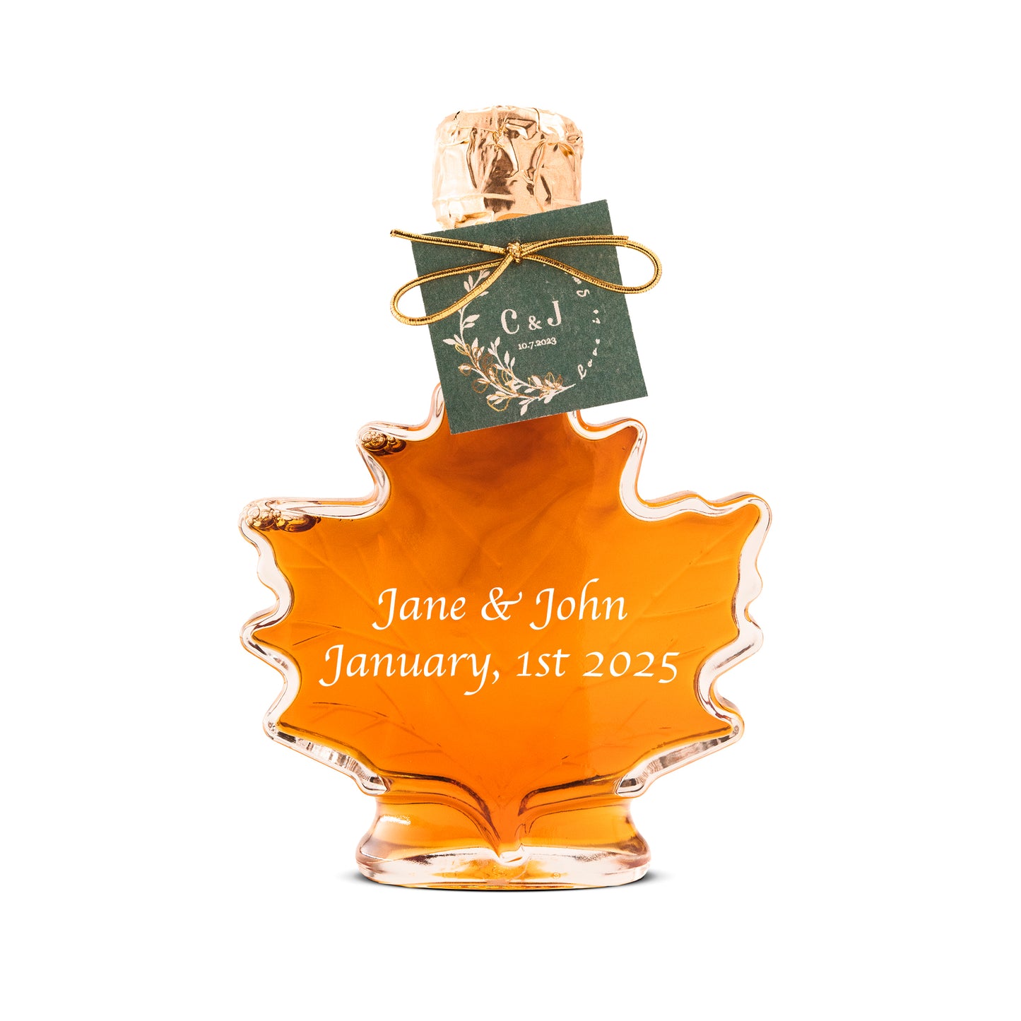 Pure Maple Syrup Favors - Glass Leaf Bottle - 3.4 oz - CUSTOM PRINT GLASS