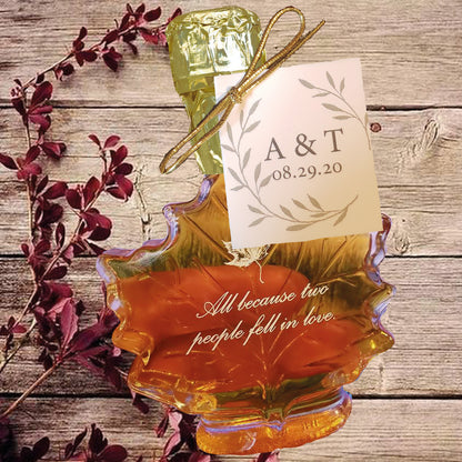Pure Maple Syrup Favors - Glass Leaf Bottle - 3.4 oz - CUSTOM PRINT LABEL
