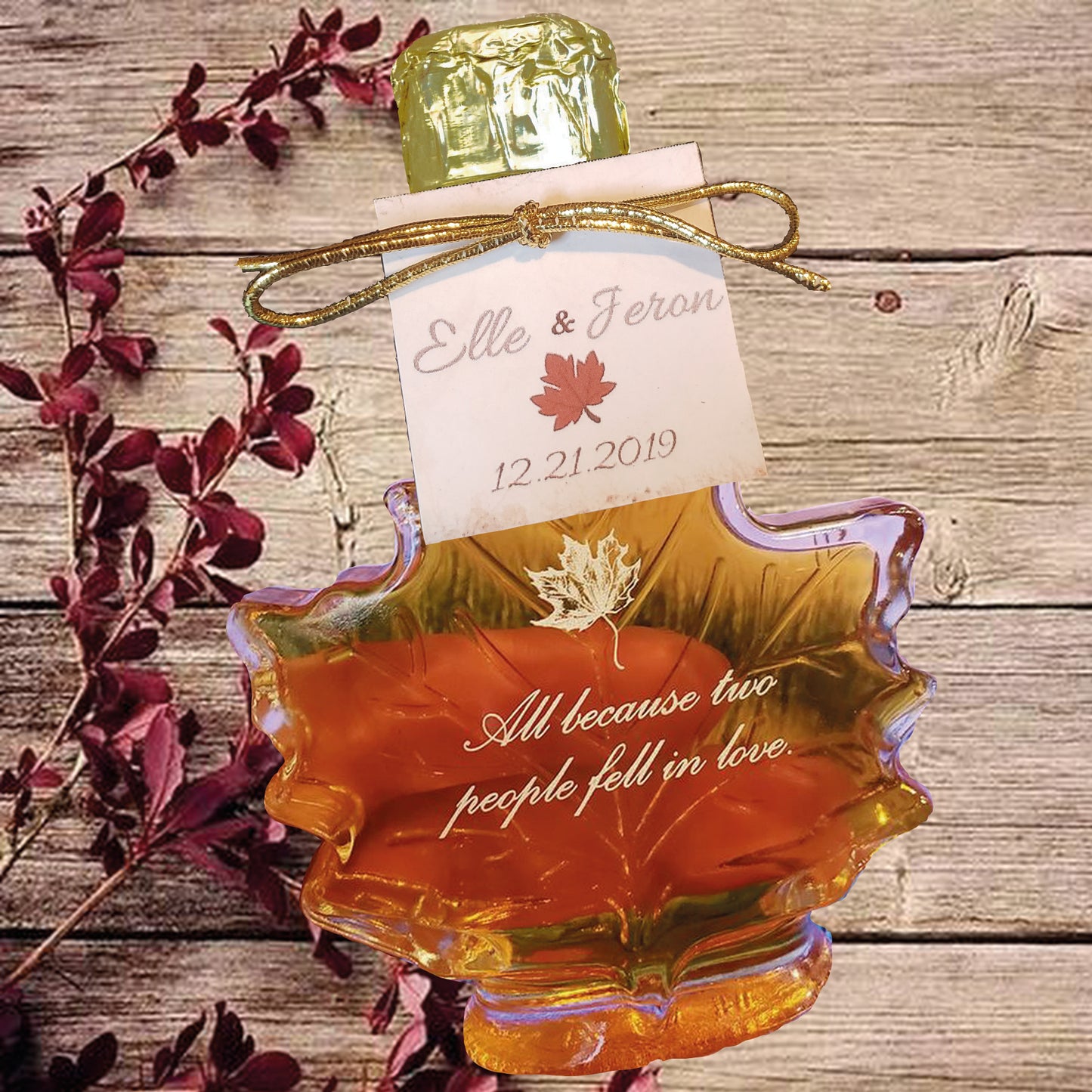 Pure Maple Syrup Favors - Glass Leaf Bottle - 3.4 oz - CUSTOM PRINT LABEL