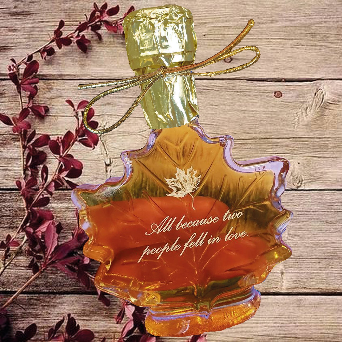 Pure Maple Syrup Favors - Glass Leaf Bottle - 3.4 oz - CUSTOM PRINT LABEL