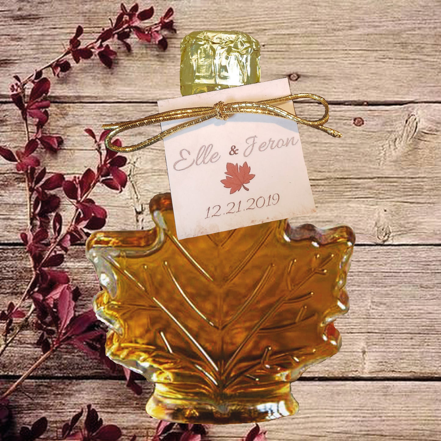 Pure Maple Syrup Favors - Glass Leaf Bottle - 3.4 oz - CUSTOM TAG