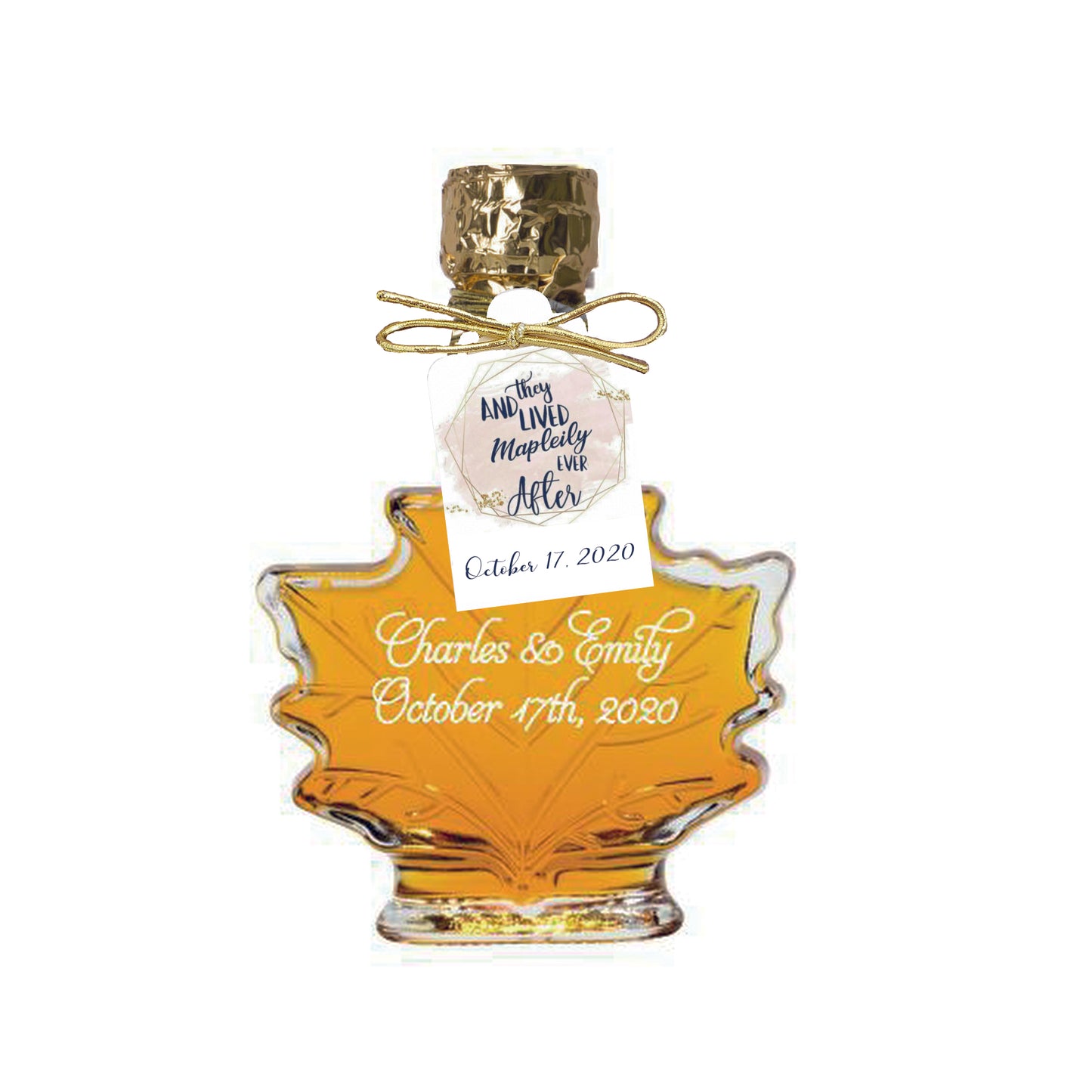 Pure Maple Syrup Favors - Glass Leaf Bottle - 3.4 oz - CUSTOM PRINT LABEL