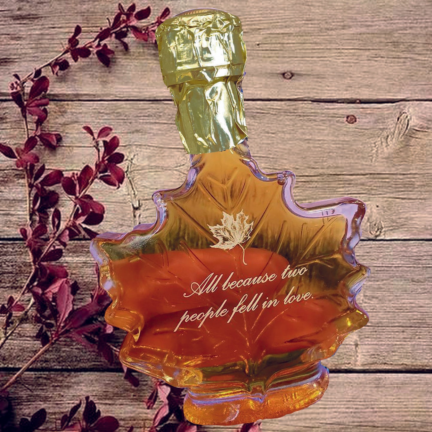 Pure Maple Syrup Favors - Glass Leaf Bottle - 3.4 oz - CUSTOM PRINT LABEL